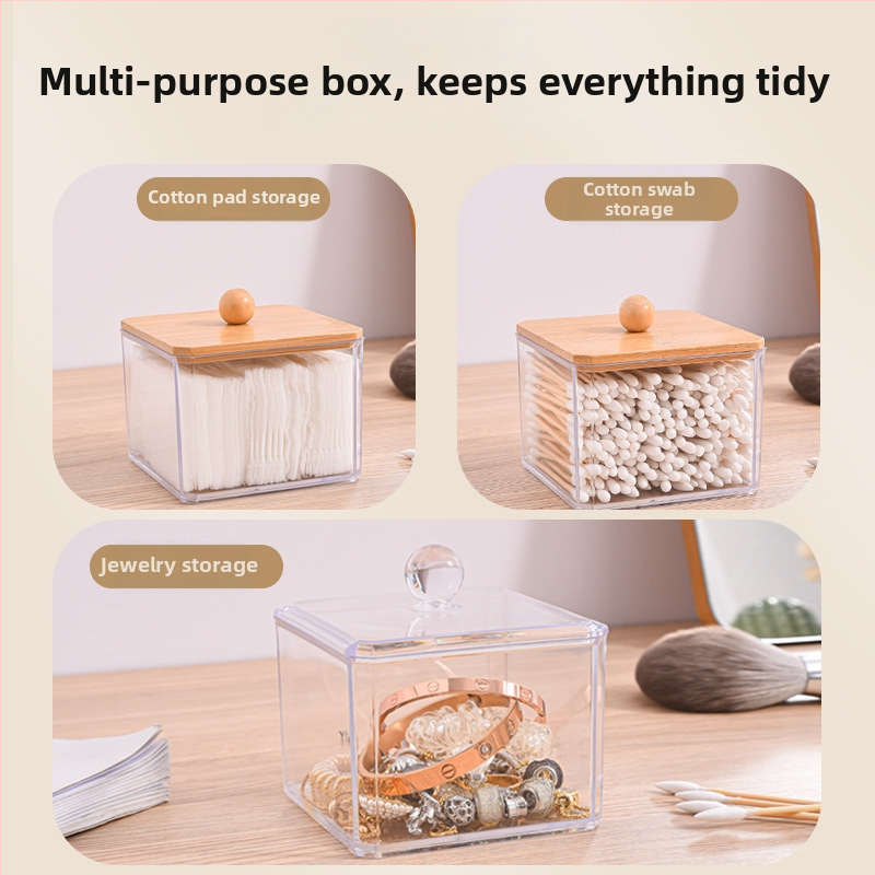 Kosmeetiliste vatitikkude hoiukarp, ruudukujuline plastikust hoidik kaanega tolmukindel