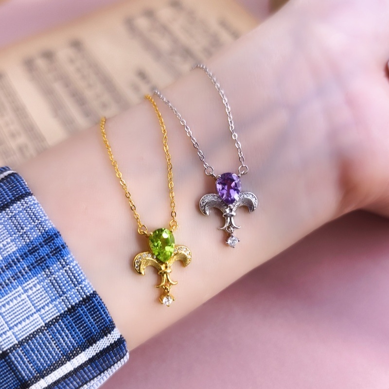 S925 ezüst Iris virág nyaklánc kristály berakással, keresztlánccal, körte alakú kövek