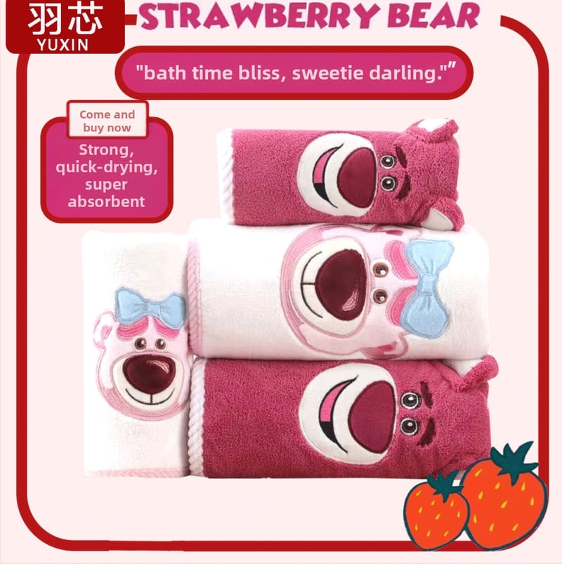 Bērnu korālflīsa vannas dvieļu komplekts ar Strawberry Bear izšuvumu, 490 g, dvieļi ķermei un sejai, Feather Core