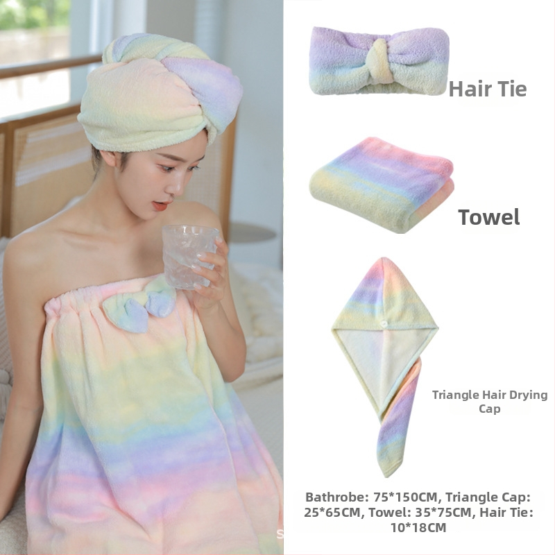 Rainbow коралов флийс халат за баня комплект с носима шапка за жени (Материал: коралов флийс; Състав: полиестер; Серия: Rainbow; Пол: женски)