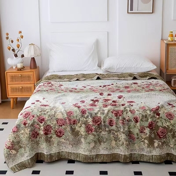 4 sluoksnių marlės pledas iš medvilnės, 99% medvilnė, gėlių raštas, Skandinavijos stilius visoms keturioms metų laikams, reaktyvus spausdinimas ir logotipo pritaikymas