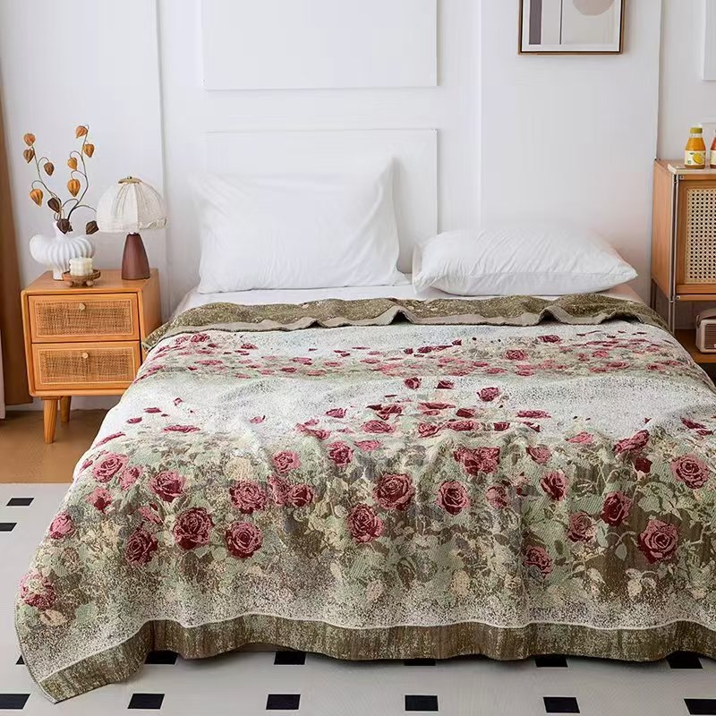 4 sluoksnių marlės pledas iš medvilnės, 99% medvilnė, gėlių raštas, Skandinavijos stilius visoms keturioms metų laikams, reaktyvus spausdinimas ir logotipo pritaikymas