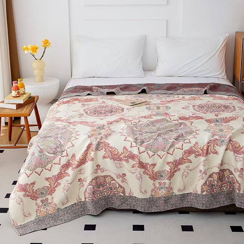4 sluoksnių marlės pledas iš medvilnės, 99% medvilnė, gėlių raštas, Skandinavijos stilius visoms keturioms metų laikams, reaktyvus spausdinimas ir logotipo pritaikymas