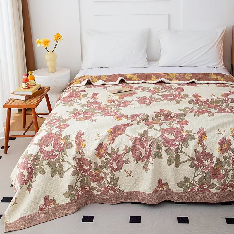 4 sluoksnių marlės pledas iš medvilnės, 99% medvilnė, gėlių raštas, Skandinavijos stilius visoms keturioms metų laikams, reaktyvus spausdinimas ir logotipo pritaikymas