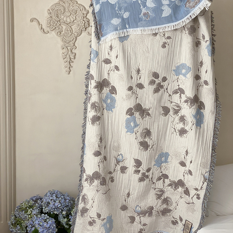 Medvilninė marlės antklodė su keturiais kutais - rankšluosčio tipo antklodė visoms metų laikams, 800-999 g