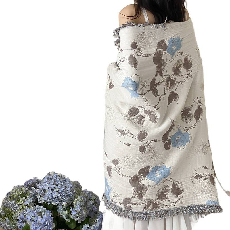 Medvilninė marlės antklodė su keturiais kutais - rankšluosčio tipo antklodė visoms metų laikams, 800-999 g