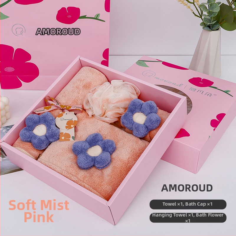 Saulespuķu motīva korāla fleece dvieļu dāvanu komplekts, 3 gab., 32s diegs, mīksts un labi uzsūcošs, iespējam logotipa druka