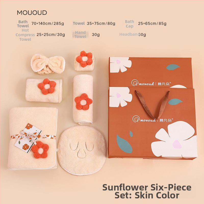 Saulespuķu motīva korāla fleece dvieļu dāvanu komplekts, 3 gab., 32s diegs, mīksts un labi uzsūcošs, iespējam logotipa druka