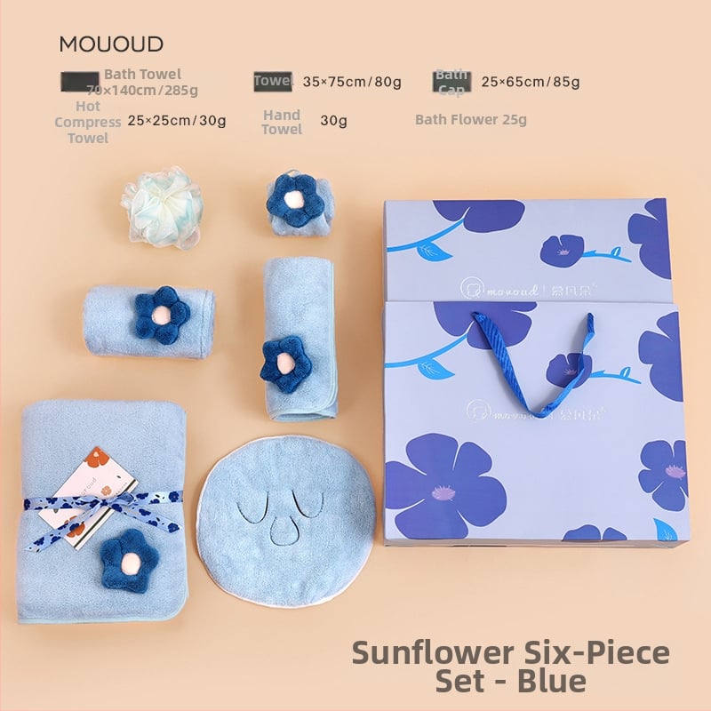 Saulespuķu motīva korāla fleece dvieļu dāvanu komplekts, 3 gab., 32s diegs, mīksts un labi uzsūcošs, iespējam logotipa druka