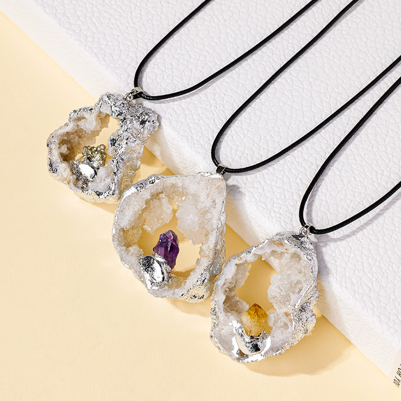 Runyangshi kristalni privjesak za lanac s prirodnim ahatom i srebrnim rubom