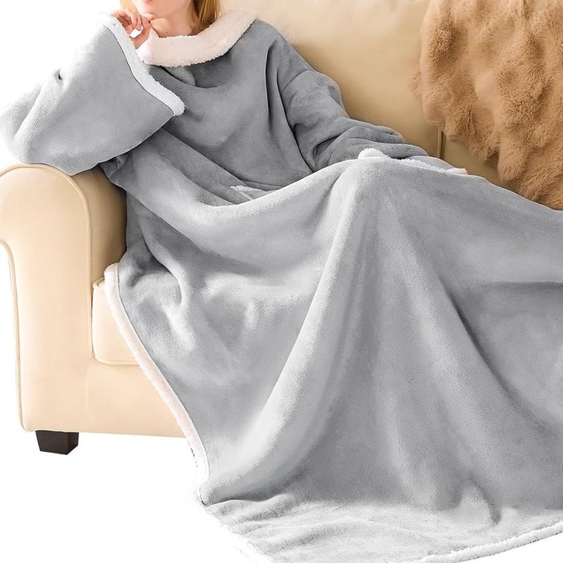 Hoodie s pokrivačem za nošenje, oversize, umjetna ovčja vuna, kapuljača, dugi rukavi, ekstra dugi kroj