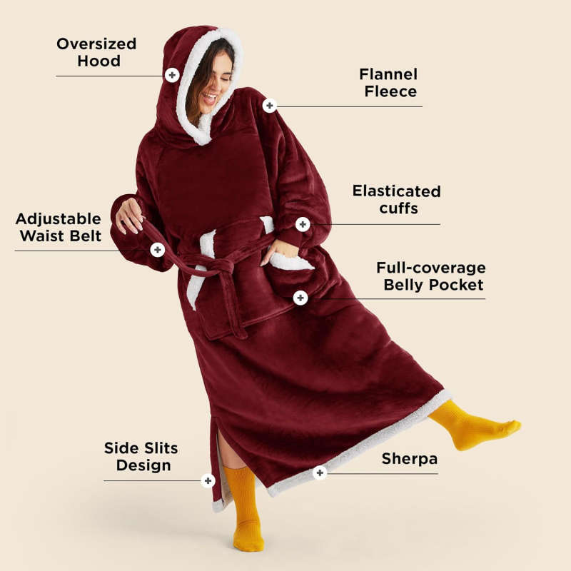 Hoodie s pokrivačem za nošenje, oversize, umjetna ovčja vuna, kapuljača, dugi rukavi, ekstra dugi kroj