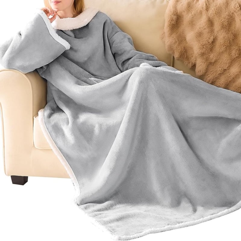 Hoodie s pokrivačem za nošenje, oversize, umjetna ovčja vuna, kapuljača, dugi rukavi, ekstra dugi kroj