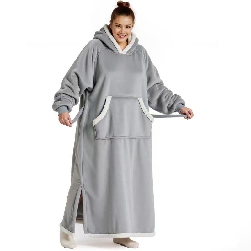 Hoodie s pokrivačem za nošenje, oversize, umjetna ovčja vuna, kapuljača, dugi rukavi, ekstra dugi kroj