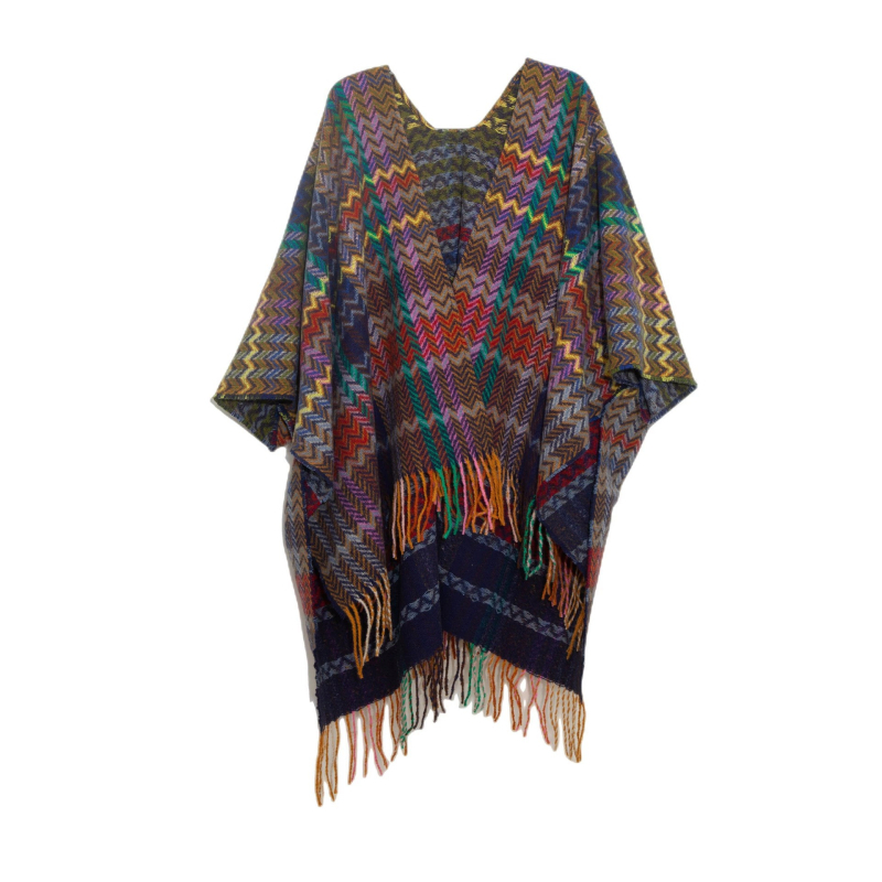 Dugačka pelerina s rukavima, retro karirani uzorak, poliester, Jacquard tkanina, resice