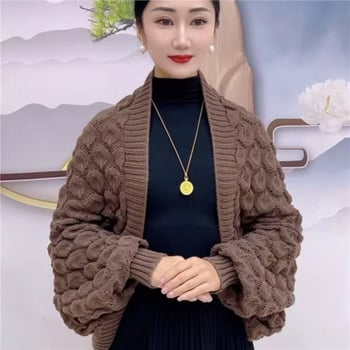 Ženski pleteni šal-kardigan s rukavima – akril/mekana vuna, proljeće, prugasti uzorak, pleteno, zadržava toplinu