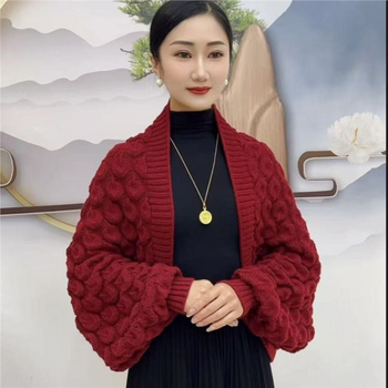 Ženski pleteni šal-kardigan s rukavima – akril/mekana vuna, proljeće, prugasti uzorak, pleteno, zadržava toplinu