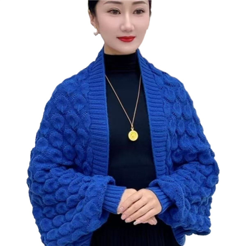 Ženski pleteni šal-kardigan s rukavima – akril/mekana vuna, proljeće, prugasti uzorak, pleteno, zadržava toplinu