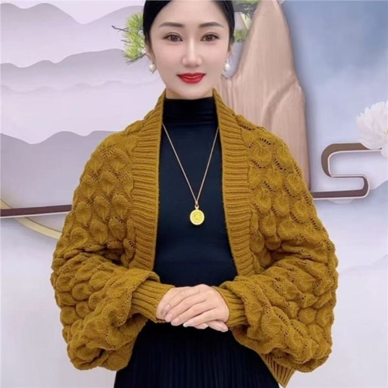 Ženski pleteni šal-kardigan s rukavima – akril/mekana vuna, proljeće, prugasti uzorak, pleteno, zadržava toplinu