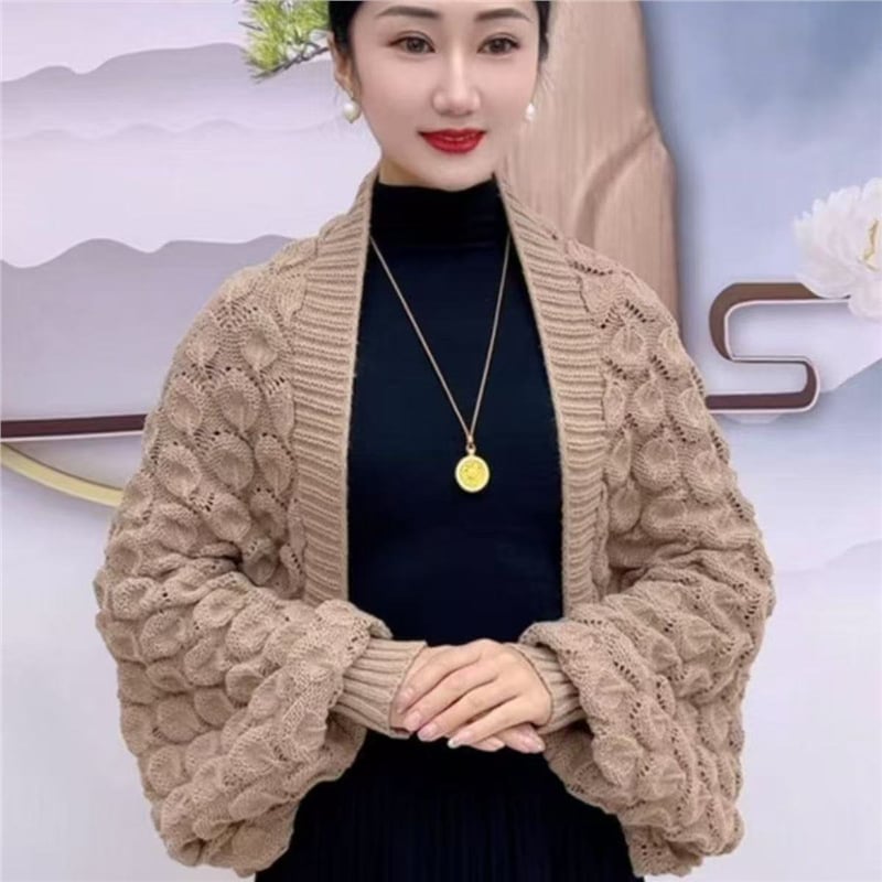 Ženski pleteni šal-kardigan s rukavima – akril/mekana vuna, proljeće, prugasti uzorak, pleteno, zadržava toplinu