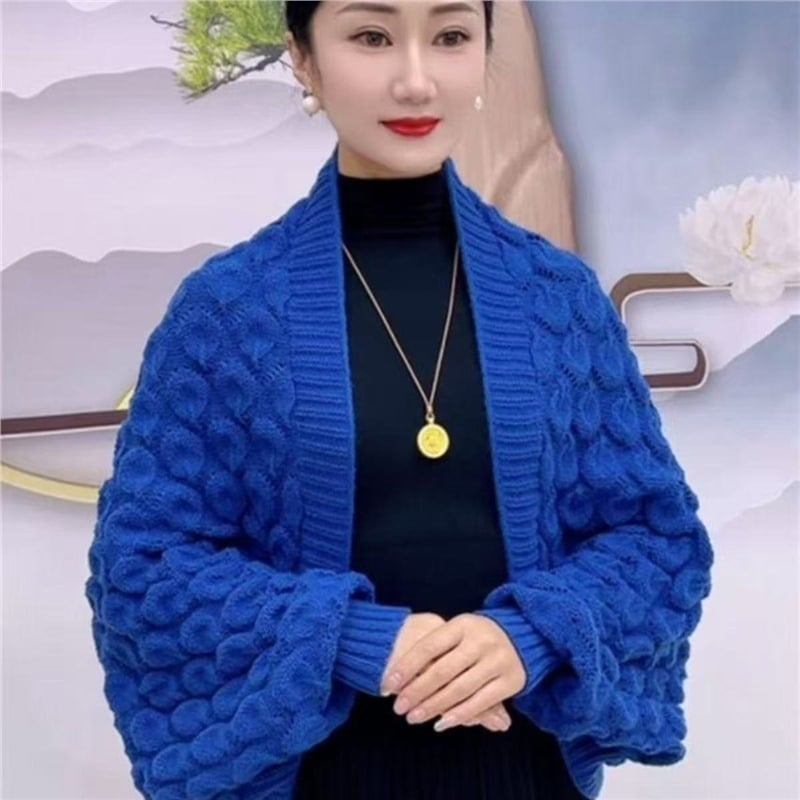 Ženski pleteni šal-kardigan s rukavima – akril/mekana vuna, proljeće, prugasti uzorak, pleteno, zadržava toplinu