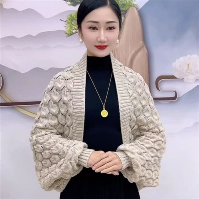 Ženski pleteni šal-kardigan s rukavima – akril/mekana vuna, proljeće, prugasti uzorak, pleteno, zadržava toplinu