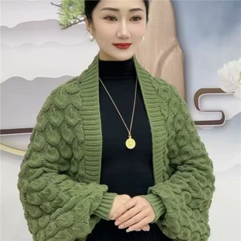 Ženski pleteni šal-kardigan s rukavima – akril/mekana vuna, proljeće, prugasti uzorak, pleteno, zadržava toplinu