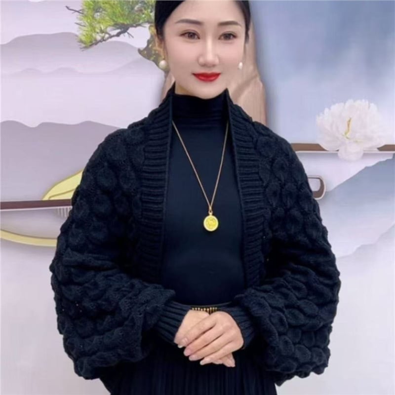 Ženski pleteni šal-kardigan s rukavima – akril/mekana vuna, proljeće, prugasti uzorak, pleteno, zadržava toplinu