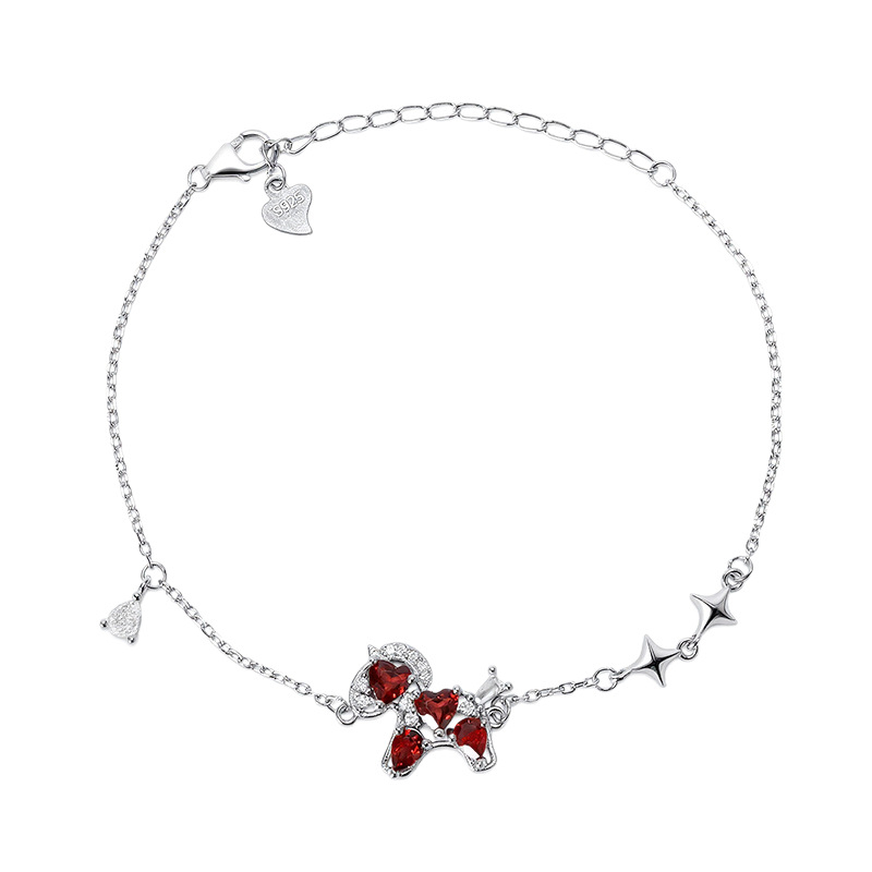 Hui Kai Ženski narukvica od srebra 925 s prirodnim kristalom, motiv zodijaka konj, srcolni granat 4 mm i kruškolik oblik 3x4 mm, kristalna ugradnja