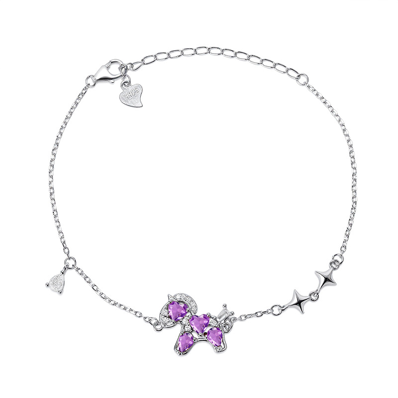 Hui Kai Ženski narukvica od srebra 925 s prirodnim kristalom, motiv zodijaka konj, srcolni granat 4 mm i kruškolik oblik 3x4 mm, kristalna ugradnja