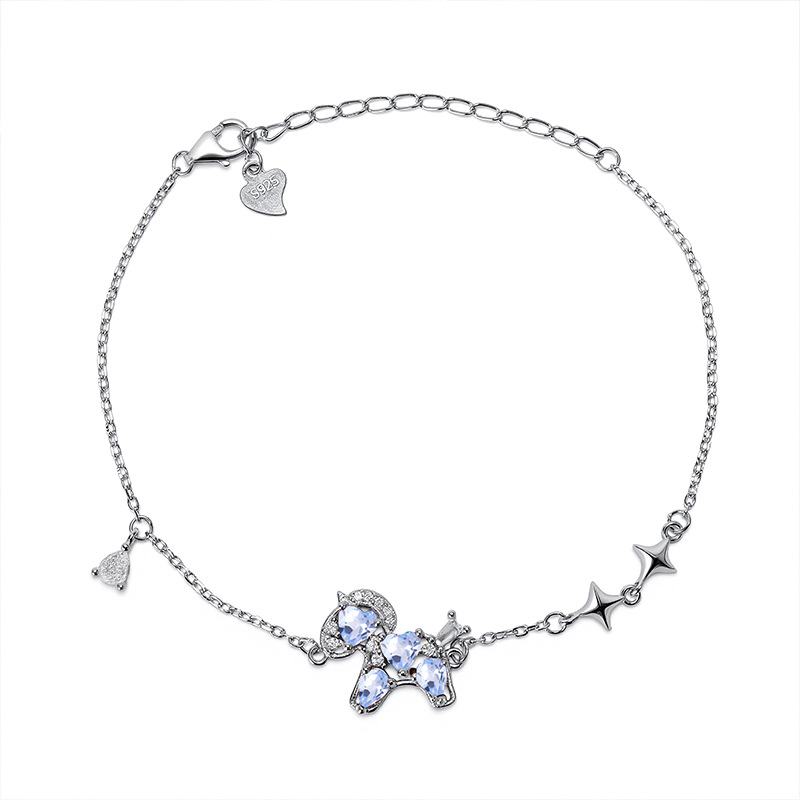 Hui Kai Ženski narukvica od srebra 925 s prirodnim kristalom, motiv zodijaka konj, srcolni granat 4 mm i kruškolik oblik 3x4 mm, kristalna ugradnja