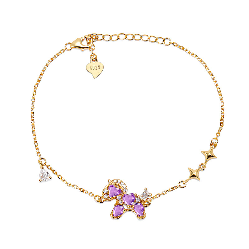 Hui Kai Ženski narukvica od srebra 925 s prirodnim kristalom, motiv zodijaka konj, srcolni granat 4 mm i kruškolik oblik 3x4 mm, kristalna ugradnja