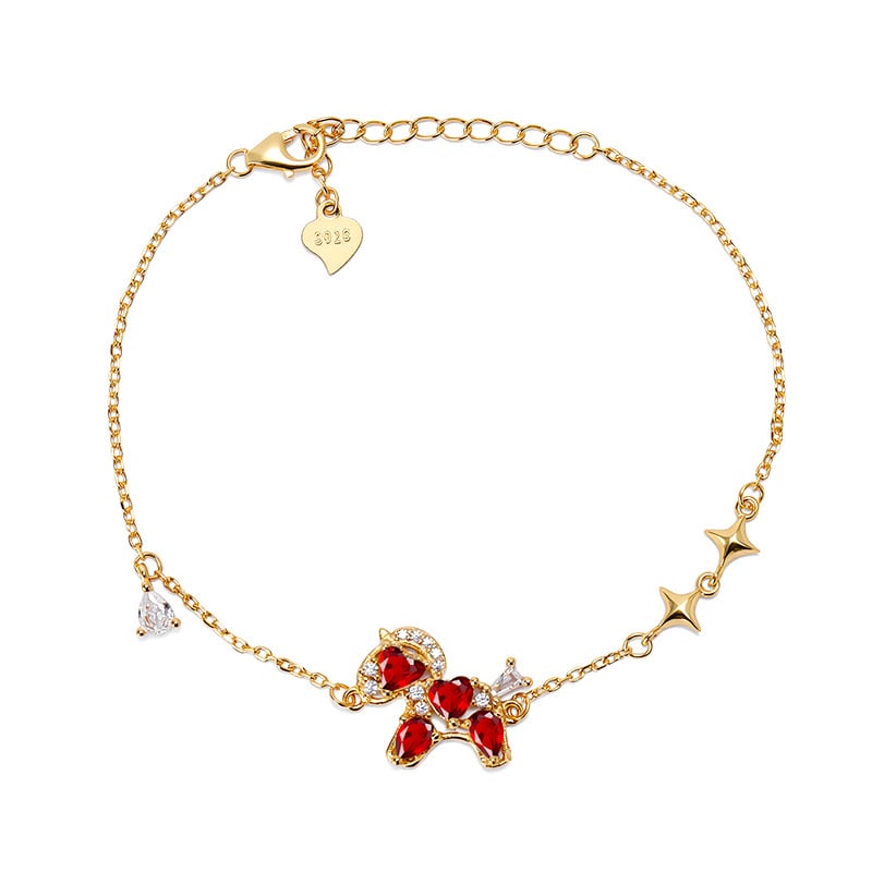 Hui Kai Ženski narukvica od srebra 925 s prirodnim kristalom, motiv zodijaka konj, srcolni granat 4 mm i kruškolik oblik 3x4 mm, kristalna ugradnja