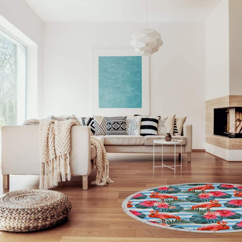 Okrugli plažni ručnik od mikrovlakana s flamingom i tropskim cvijećem, s resicama, 150D vlakna, otisnuto, težina 200–300 g