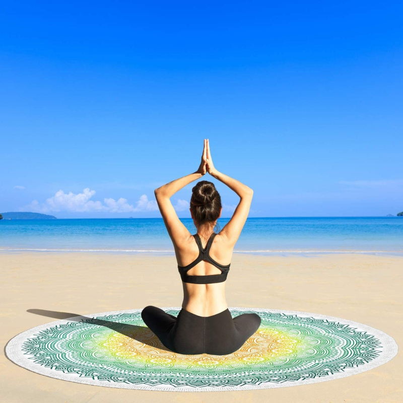 Okrugli plažni ručnik od mikrovlakana s flamingom i tropskim cvijećem, s resicama, 150D vlakna, otisnuto, težina 200–300 g