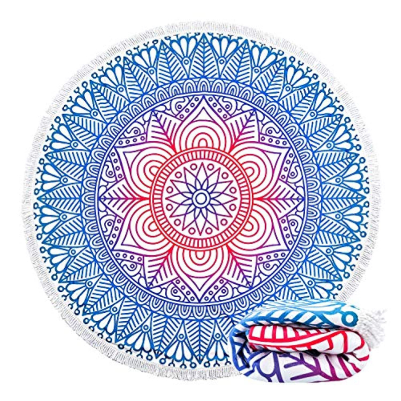 Okrugli plažni ručnik od mikrovlakana s flamingom i tropskim cvijećem, s resicama, 150D vlakna, otisnuto, težina 200–300 g