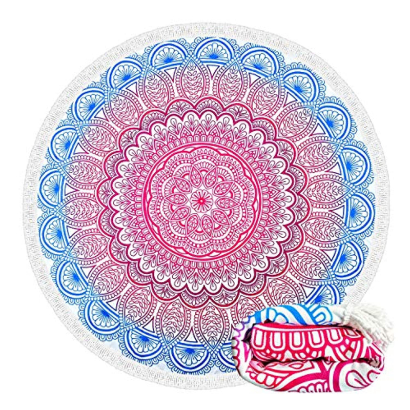 Okrugli plažni ručnik od mikrovlakana s flamingom i tropskim cvijećem, s resicama, 150D vlakna, otisnuto, težina 200–300 g