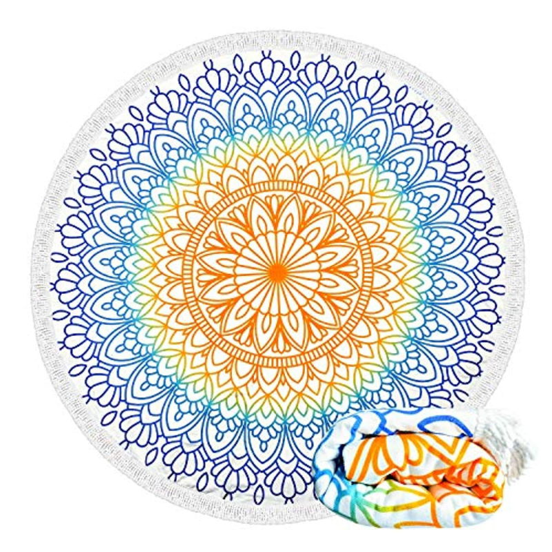 Okrugli plažni ručnik od mikrovlakana s flamingom i tropskim cvijećem, s resicama, 150D vlakna, otisnuto, težina 200–300 g