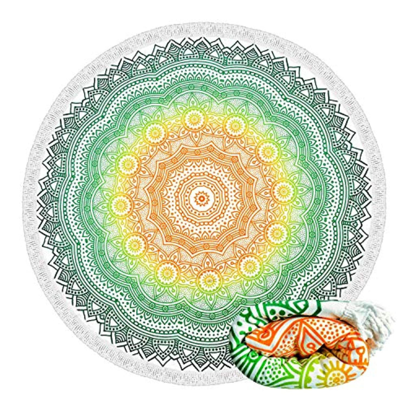 Okrugli plažni ručnik od mikrovlakana s flamingom i tropskim cvijećem, s resicama, 150D vlakna, otisnuto, težina 200–300 g