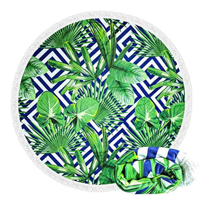 Okrugli plažni ručnik od mikrovlakana s flamingom i tropskim cvijećem, s resicama, 150D vlakna, otisnuto, težina 200–300 g