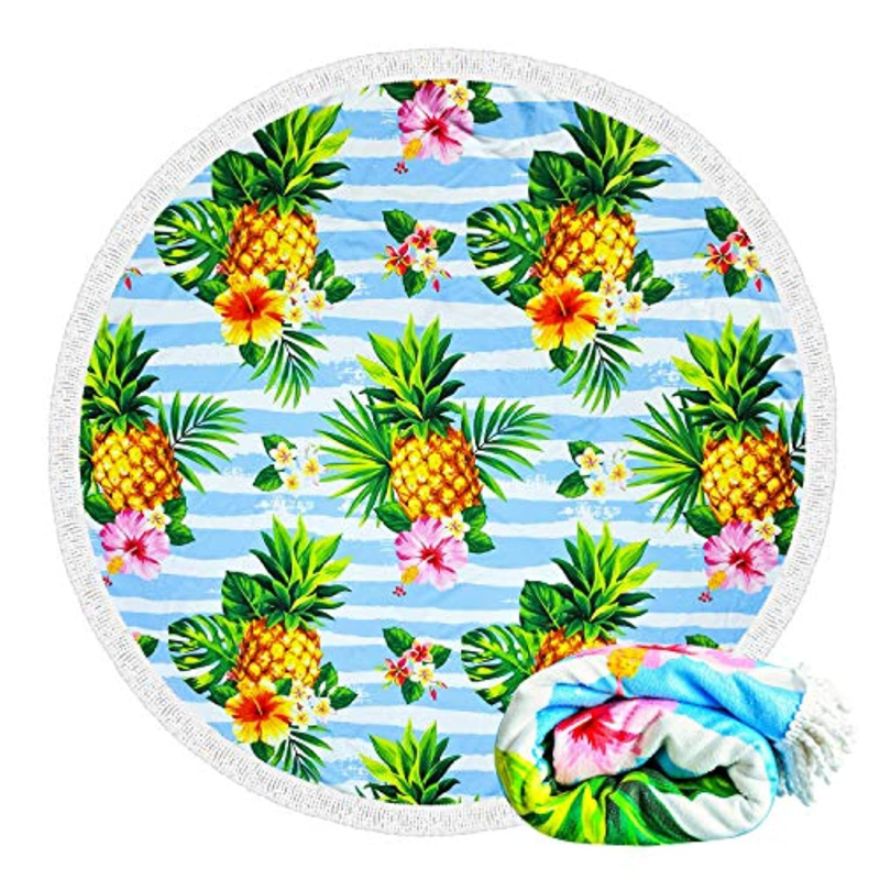 Okrugli plažni ručnik od mikrovlakana s flamingom i tropskim cvijećem, s resicama, 150D vlakna, otisnuto, težina 200–300 g