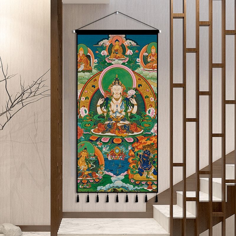 Zidna tapiserija s tibetanskom Budom u Thangka dizajnu — pravokutnog oblika, etničkog stila, digitalni ispis toplinskog prijenosa, mogućnost prilagodbe
