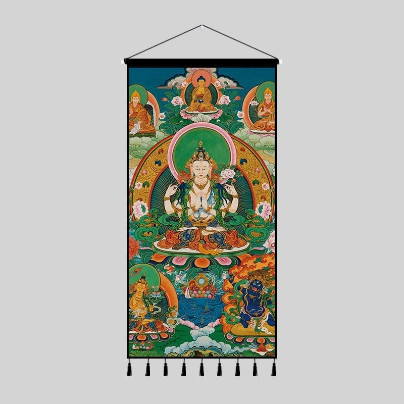 Zidna tapiserija s tibetanskom Budom u Thangka dizajnu — pravokutnog oblika, etničkog stila, digitalni ispis toplinskog prijenosa, mogućnost prilagodbe