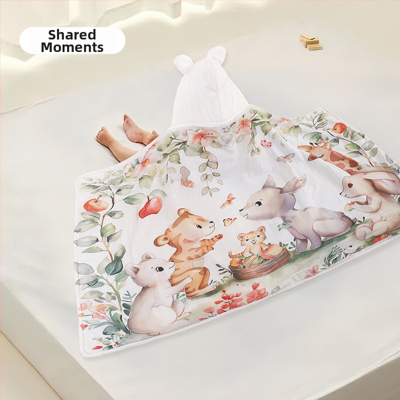 Koralinio fliso kūdikių vonios rankšluostis su gobtuvu, sugeria ir greitai džiūsta, 500–800 g, visiems sezonams, animacinio stiliaus