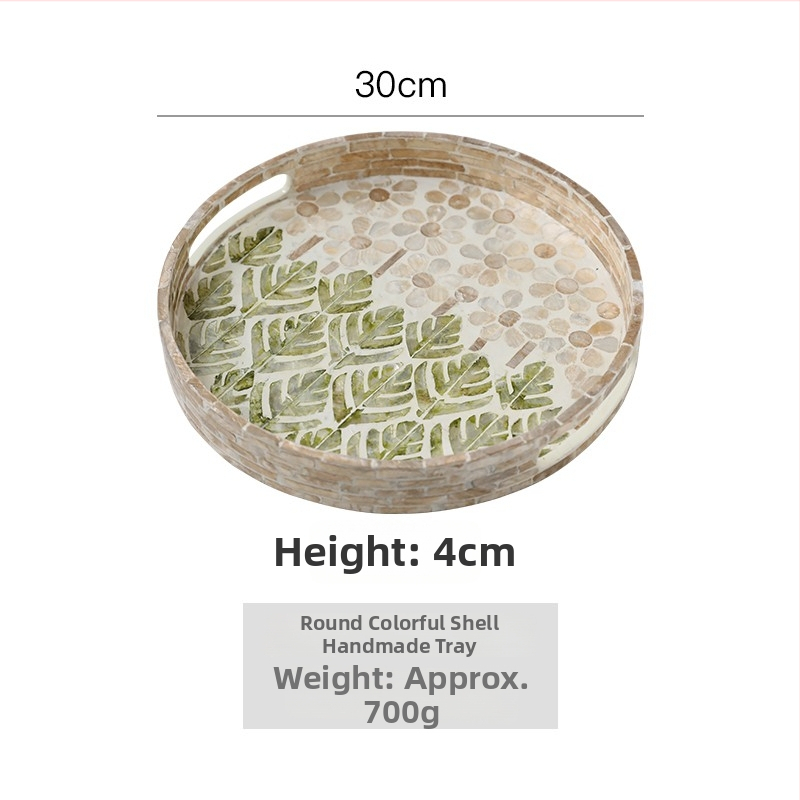 Nordinio stiliaus padėklas vaisiams su jūros kriauklių motyvu ir šilko gėlių medžiaga – dekoratyvinis serviravimo ir parodoms padėklas