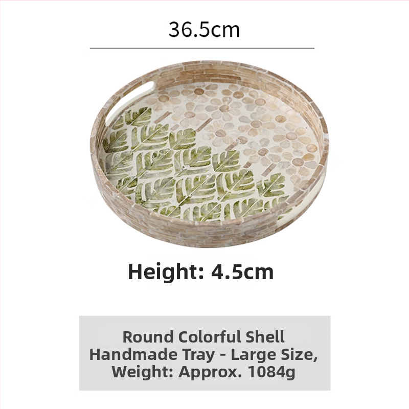 Nordinio stiliaus padėklas vaisiams su jūros kriauklių motyvu ir šilko gėlių medžiaga – dekoratyvinis serviravimo ir parodoms padėklas