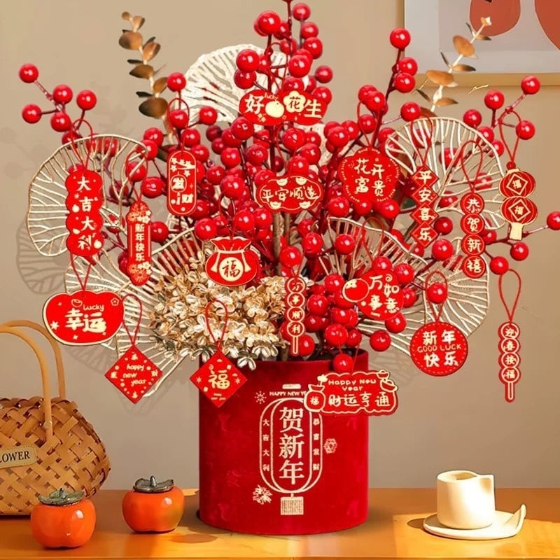 Mākslīgā ziedu dekorācija blakus groziņam ar svētību, ķīniešu stils, injekcijas veidota izstrāde, dzīvojamās istabas Jaunā gada dekors