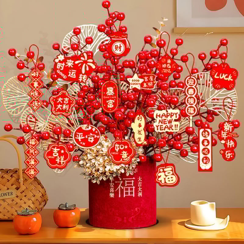 Mākslīgā ziedu dekorācija blakus groziņam ar svētību, ķīniešu stils, injekcijas veidota izstrāde, dzīvojamās istabas Jaunā gada dekors