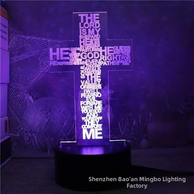 3D kryžiaus formos naktinė lemputė su LED, akrilo gaubtas, maitinimas įkišant į kištuką arba baterijomis, prisilietimo valdymas