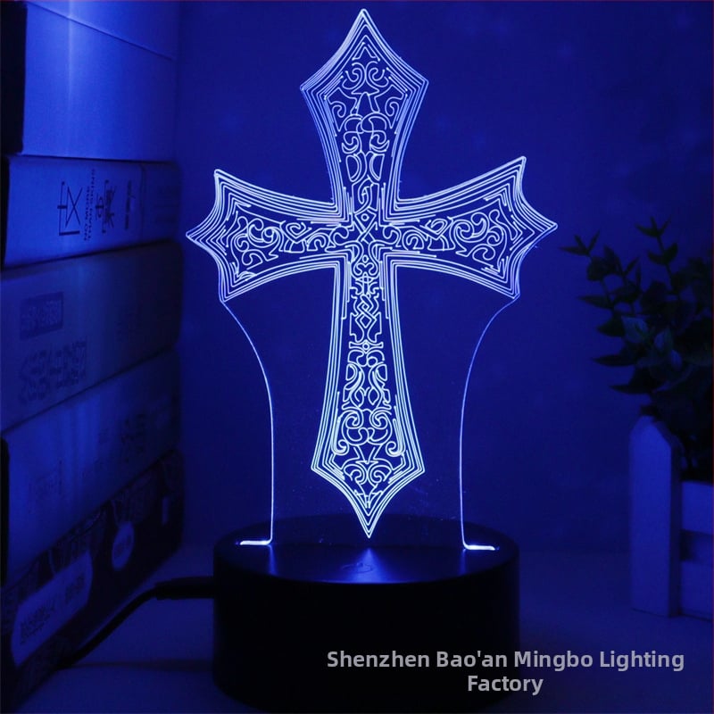 3D kryžiaus formos naktinė lemputė su LED, akrilo gaubtas, maitinimas įkišant į kištuką arba baterijomis, prisilietimo valdymas